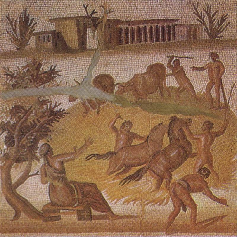 unknow artist Mosaic from the Roman villa at Zliten in Tripolitania showing horses and cattle threshing corn Norge oil painting art